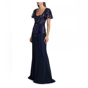 Badgley Mischka Beaded Lace Flutter-Sleeve Gown